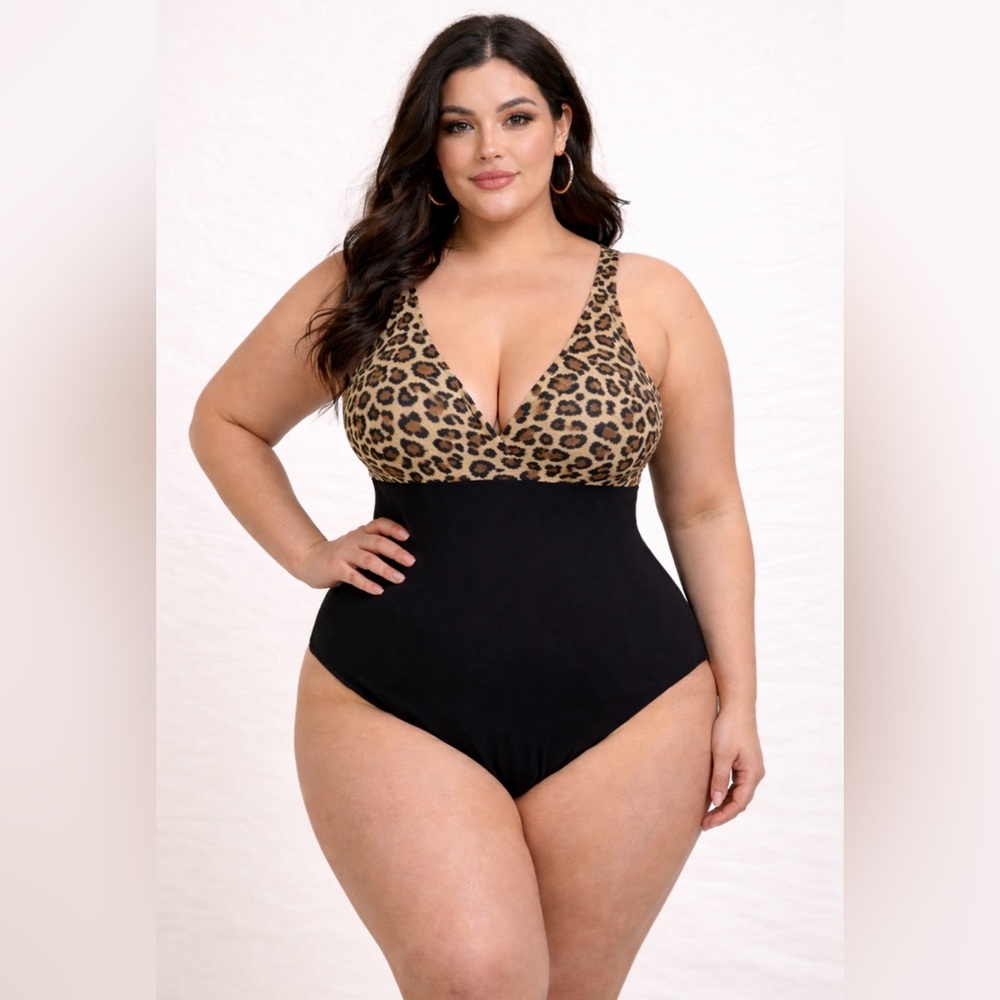 2X Leopard Print and Black  One Piece Swimsuit crisscross back